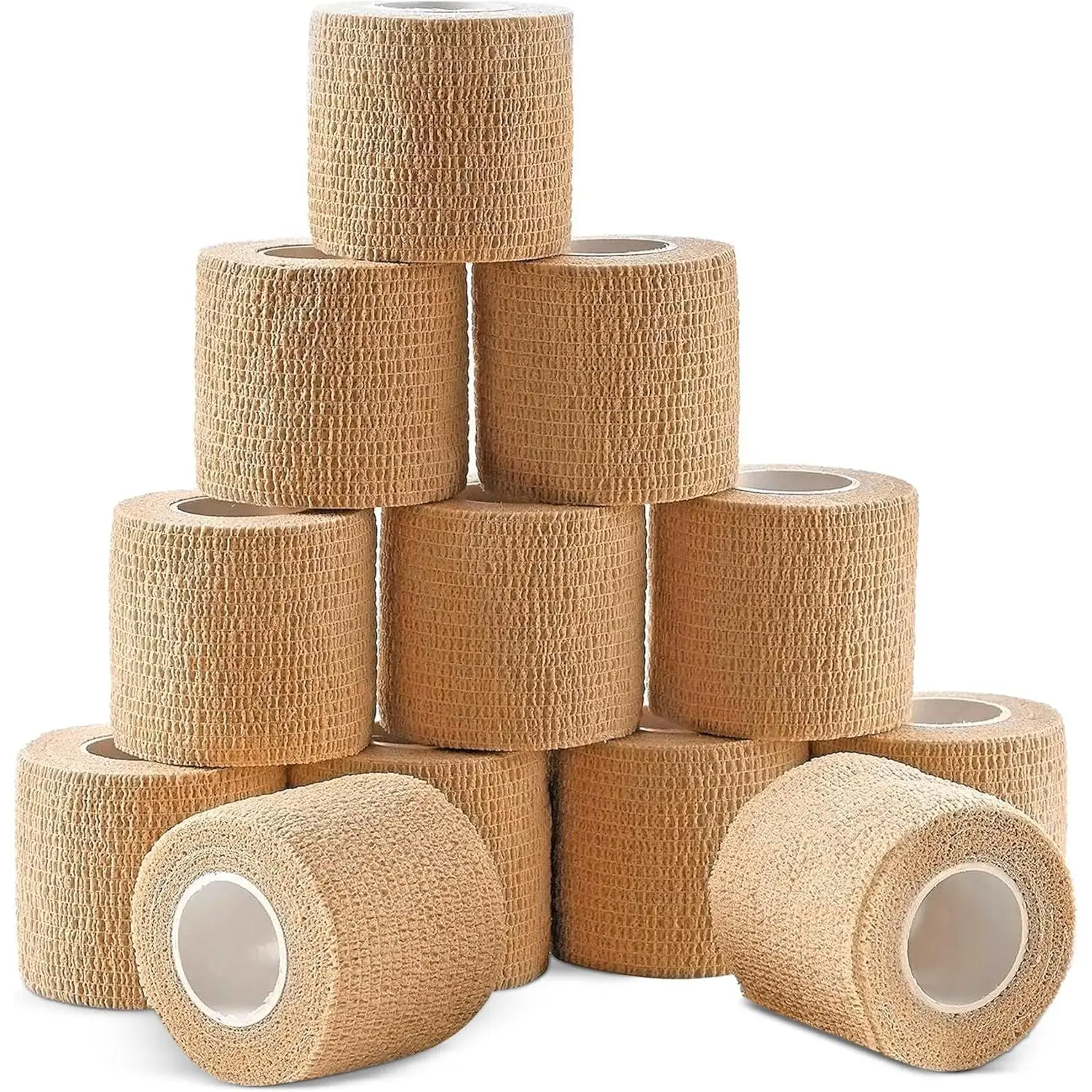Ever Ready First Aid Self Adherent Cohesive Wrap Bandages, 2" x 5 Yards for First Aid, Sprains, Swelling, Sports, Pets, Tan Color – 12 Count
