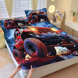 3-Piece Cartoon Car Bedding Set, Children'S Holiday Gift, Red Off-Road Vehicle Pattern Fitted Sheet Set, Suitable for Children or Teenagers' Bedroom Decoration, Soft and Breathable, Including 1 Fitted Sheet and 2 Pillowcases