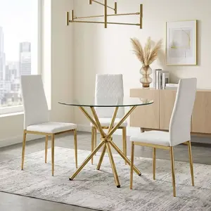 Round Transparent Glass Dining Table with Ring-Shaped Gathered Gold Metal Legs, Modern Unique Shape Dinner Table for 4-6 People, Space-Saving Multipurpose Table for Desk, Kitchen, Terrace, Dining Room Home Decor