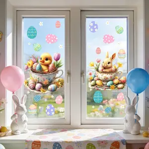 1 Set PVC Static Cling Window Stickers, Vintage Tea Cup Rabbit Easter Egg Hand-Painted Decor, Easy to Apply and Remove Without Residue for Spring Home Decoration