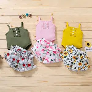 Baby Girl Clothes Solid Color Spaghetti Strap Romper Bodysuit Floral Shorts Newborn Infant Summer Outfit