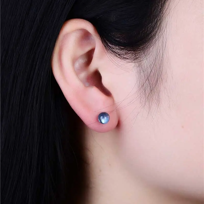 Sterling Silver 5mm Natural Round Moonstone Bead Unisex Casual Dainty Minimalist Healing Crystal Ear Studs for Adults, Stud Earrings