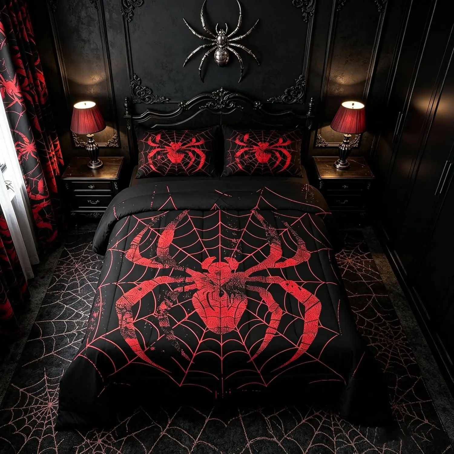 Spider Comforter Set,Red Spider Web Print Bedding Set,Gothic Arachnid Animals Halloween Theme Black Down Comforter for All Season Room Decor,,No Sheets
