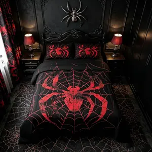 Spider Comforter Set,Red Spider Web Print Bedding Set,Gothic Arachnid Animals Halloween Theme Black Down Comforter for All Season Room Decor,,No Sheets