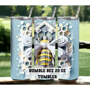3D Bee with Honeycomb - BLUE 20 oz Skinny Tumbler with Straw - Stainless Steel, Eco-Friendly, Reusable Metal Straw - Lid Drink Drinkware Water Bottles