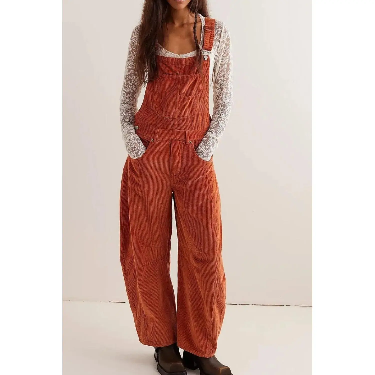 Corduroy Wide-Leg Overall with Adjustable Straps