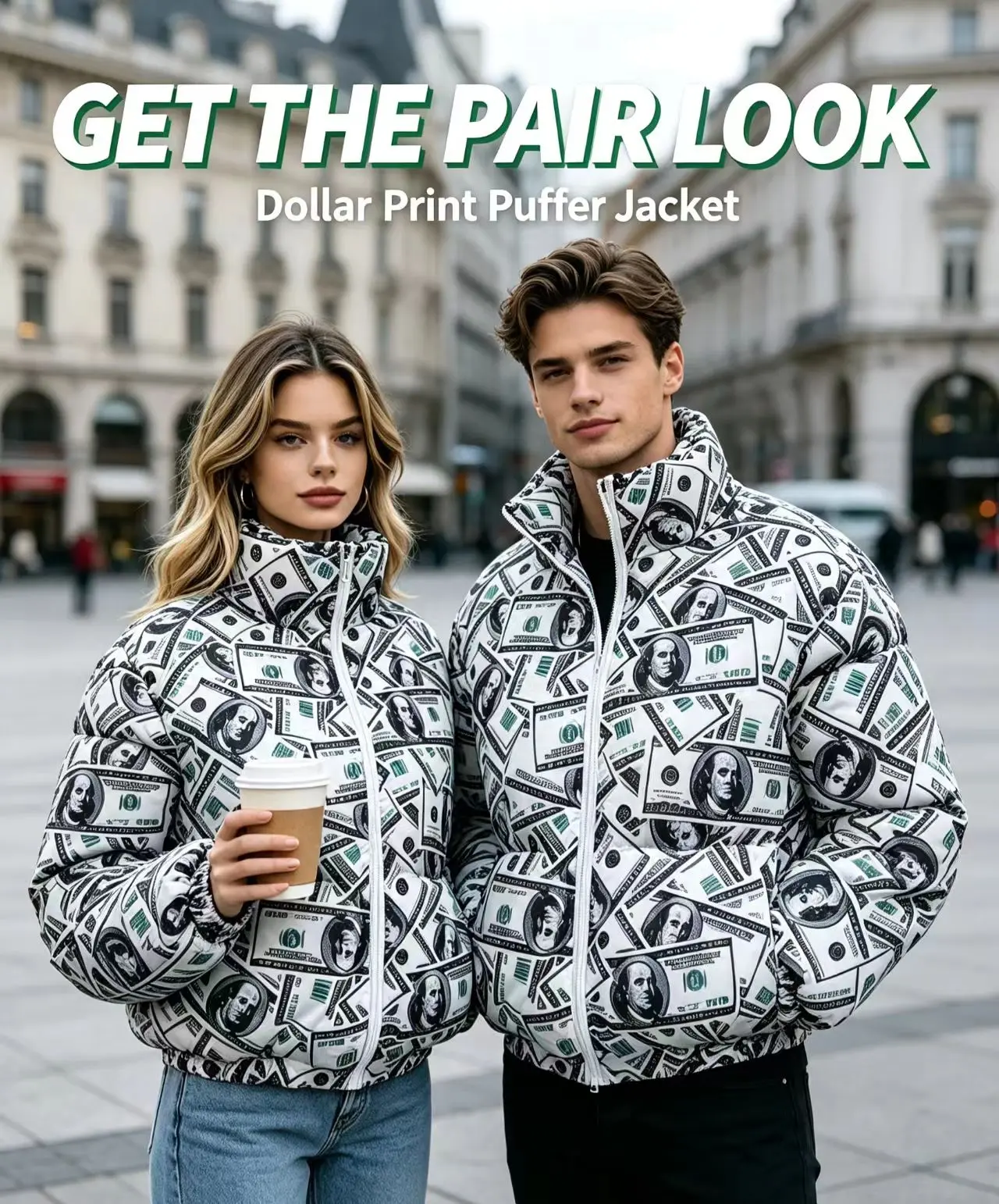 Dollar Print Puffer Jacket - Get The Pair Look - Stylish and Trendy Design for Men and Women - Perfect for Casual Wear