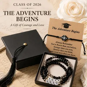 4Pcs Stackable Beaded Bracelet Set - Class of 2026 Graduation Gifts with GRAD & 2026 Charms, Inspirational "Going Places" Quote Card, Pre-layered Senior Keepsake Costume Jewelry for Graduation Ceremony