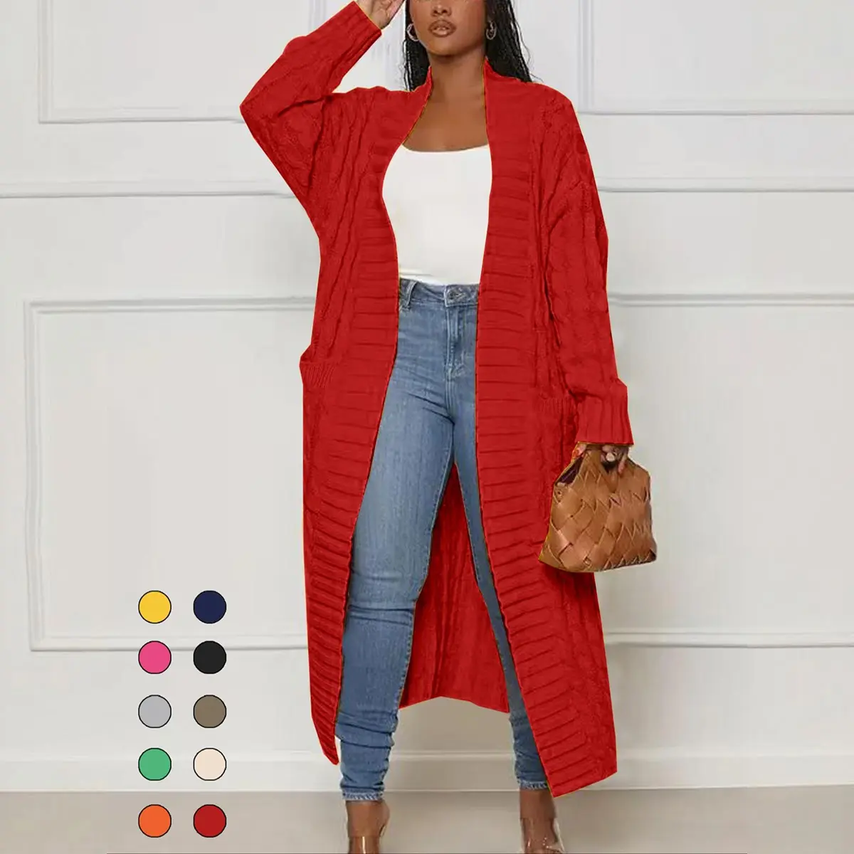 Women's Solid Textured Open Front Cardigan, Oversized Baggy Fit Longline Knitwear with Pockets and Drop Shoulders