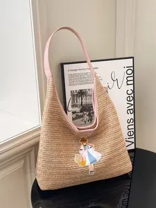 Beach Vacation Magnetic Closure Woven Grass Bag, Women's Tote Bag, Large Capacity Portable Beach Holiday Bag, Summer Travel Essential Accessory