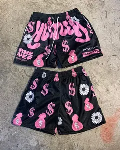 Youth/Women/Men’s Men’s Black/Pink Graphic Mesh Shorts Set, Dollar Sign & Money Bag Print, Drawstring Streetwear