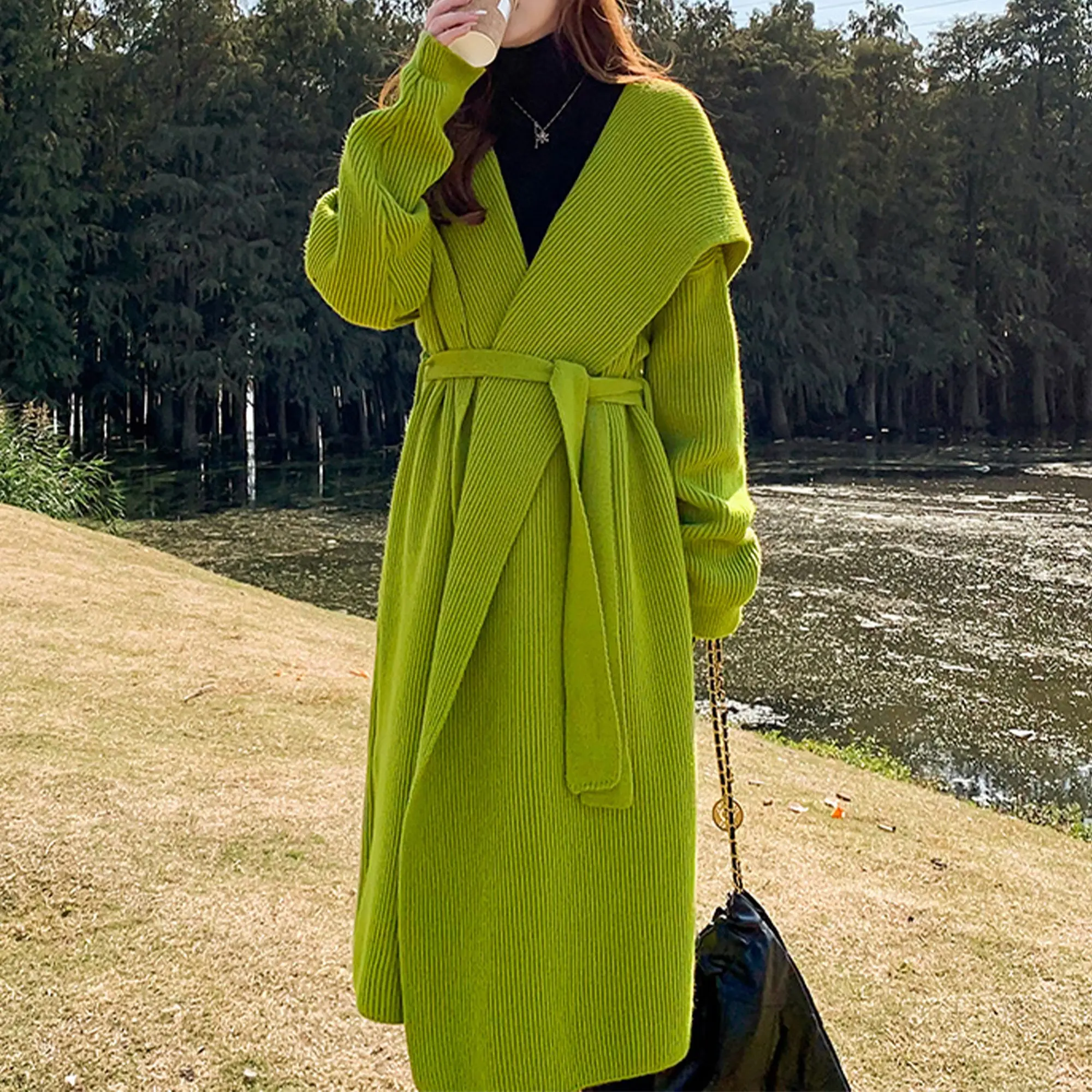 Green Alpaca Wool Sweater Coat Thickened Loose Knitted Cardigan Knitwear Handmade Hand Knit,