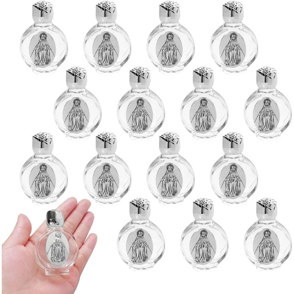 16 Pcs Glass Holy Water Bottles 0.5 Floz with Embossed Portable Little Bottle Glass Travel Empty Bottles Church Decorations for Girls Home Wedding Party Favors (Silver Virgin Mary Devotional)