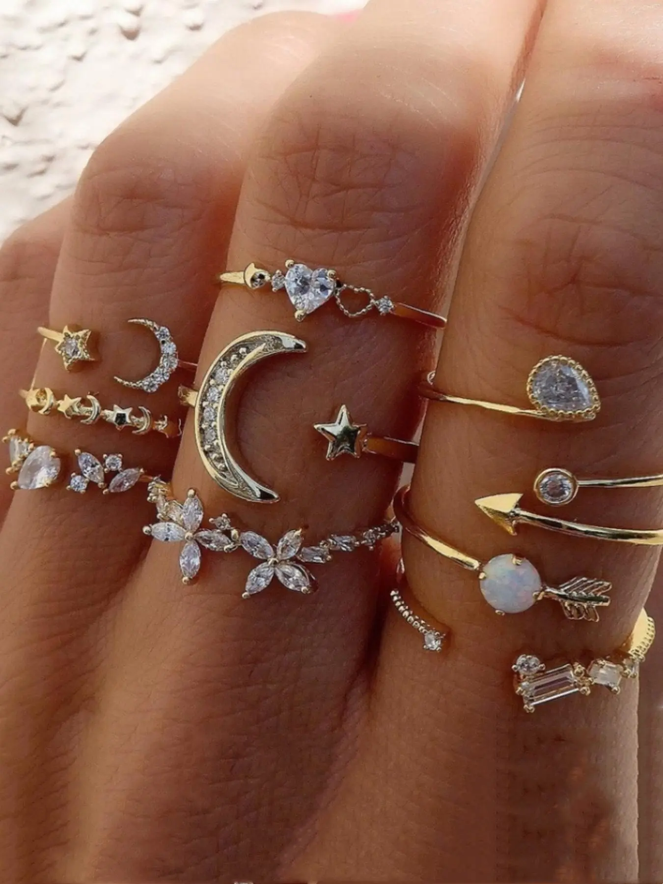 Minimalist Heart & Star & Moon Design Rhinestone Decor Ring Set, Cute Rings, Beautiful Rings, Fashion Accessories for Women & Girls, Perfect for Date & Vacation Gift