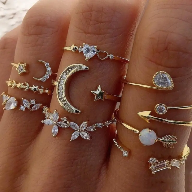 Minimalist Heart & Star & Moon Design Rhinestone Decor Ring Set, Cute Rings, Beautiful Rings, Fashion Accessories for Women & Girls, Perfect for Date & Vacation Gift