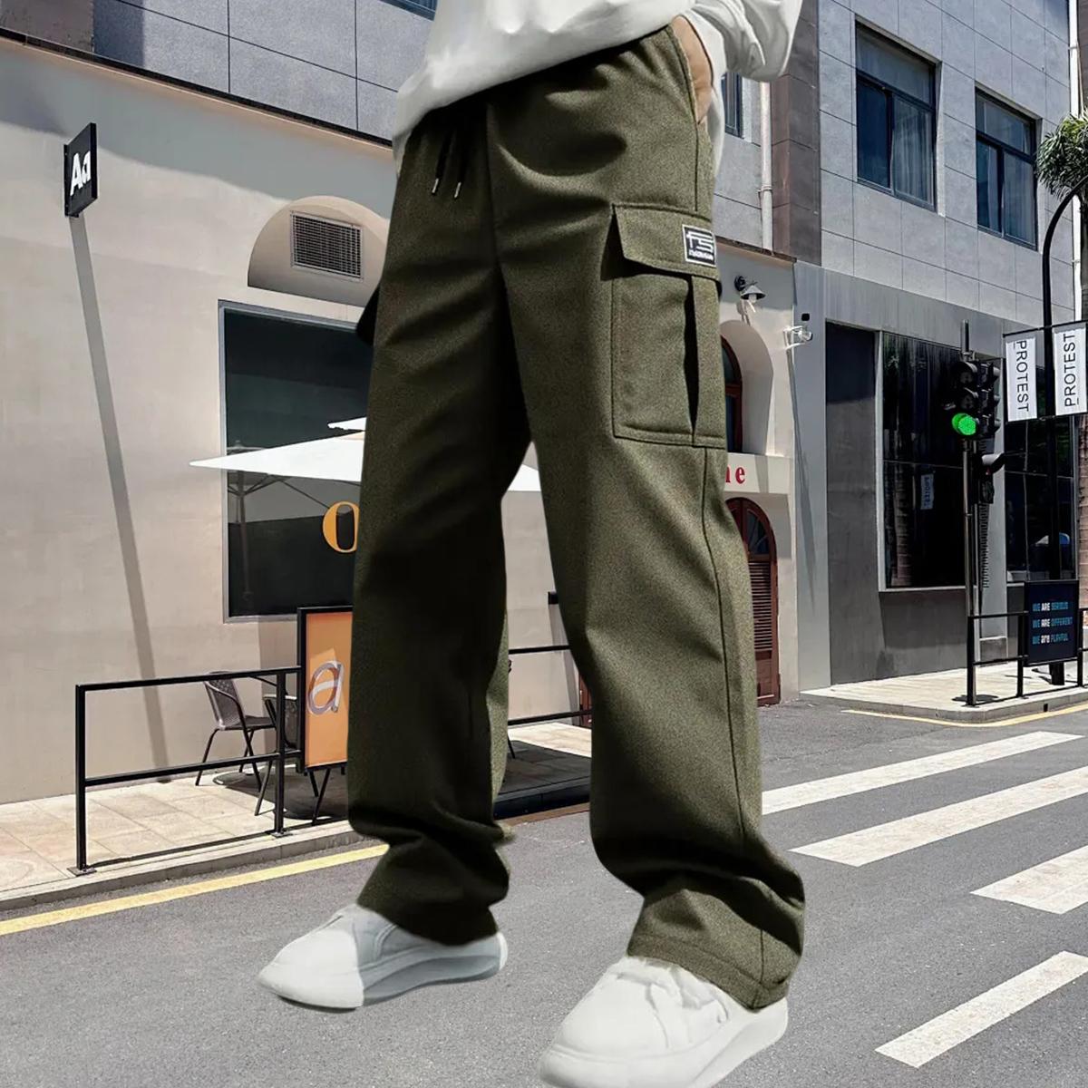 Men's solid-color four-season fashionable casual multi-pocket loose straight-leg hiking training fitness outdoor work pants