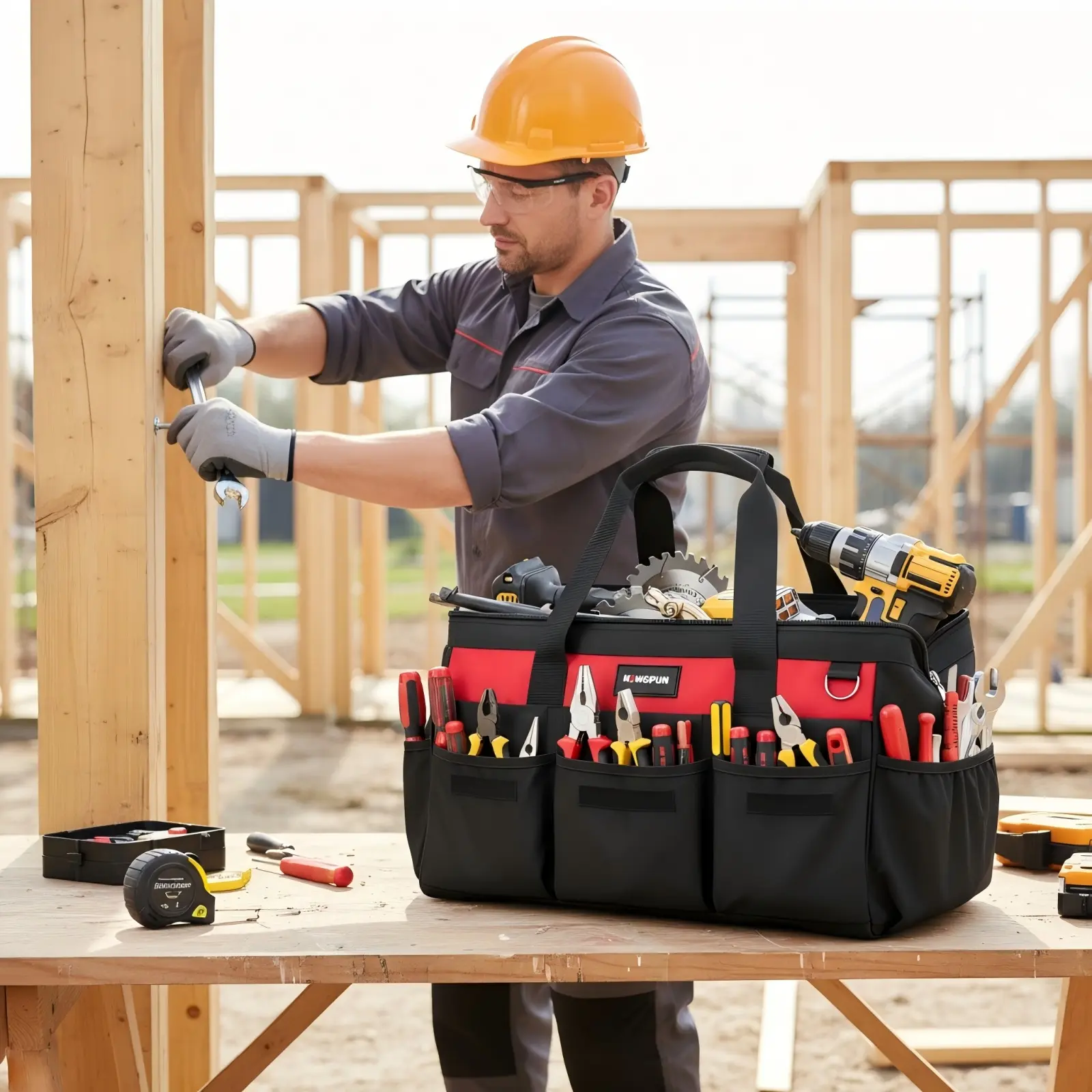 【FathersDayGift】Kingfun 16 Inch Heavy Duty Tool Bag with 14 Pockets, Wide Mouth Tool Bag Organizer with Adjustable Shoulder Strap & Padded Handle, Durable Tool Storage Bag for Electricians, Mechanics & More (Red)