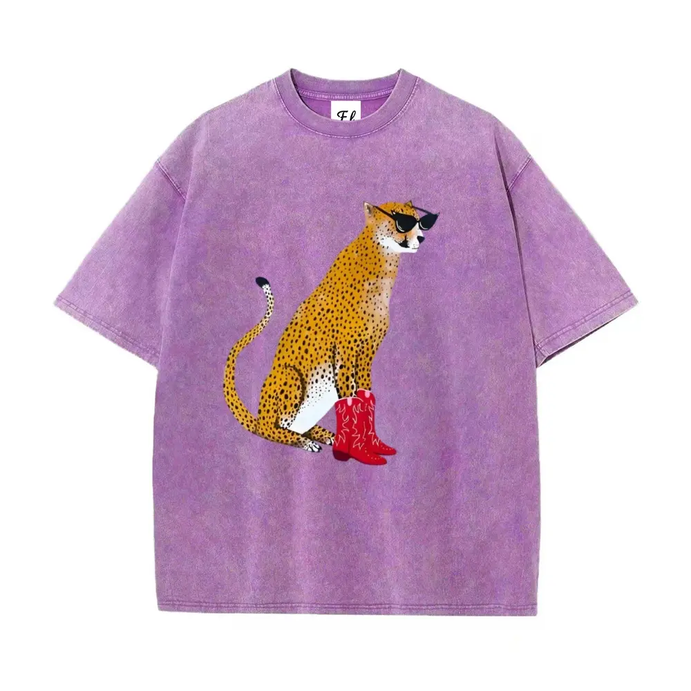 Funny Cheetah Graphic Tee for Women - Mineral Wash Oversized T-Shirt, Quirky Animal Print Summer Cotton Top