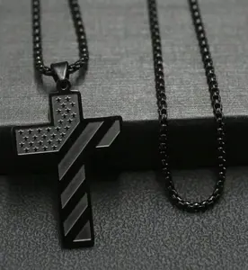 Stainless Steel Cross Black Pendant Fashion Necklace, Bible Verse American Flag Pendant Chain,for Men, Husband, Father, Mother's Day Gifts