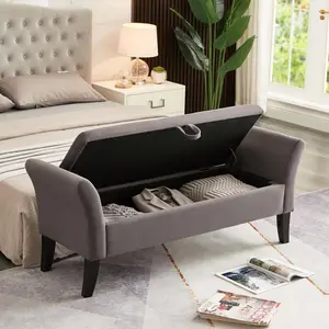 51” Bedroom Bench, End of Bed Bench with Button-Tufted Large Upholstered Storage Bench Ottoman Velvet Window Bench with Storage Shoe Cabinet Bench, for Bedroom, Entryway, Closet, Grey