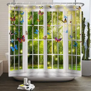 Spring Window View Shower Curtain, Fantasy Magic Green Forest Psychedelic Butterfly Fairy Weak Sunshine Aesthetic Waterproof