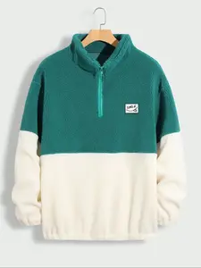 Men's Colorblock Patched Half Zip Up Plush Sweatshirt, Regular Fit Casual Mock Neck Long Sleeve Top for Spring & Fall, Men's Clothes