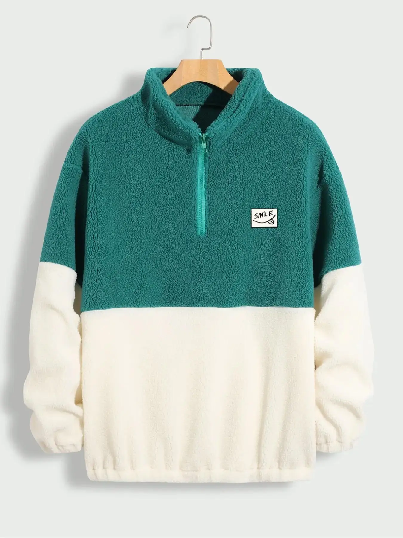 Men's Colorblock Patched Half Zip Up Plush Sweatshirt, Regular Fit Casual Mock Neck Long Sleeve Top for Spring & Fall, Men's Clothes