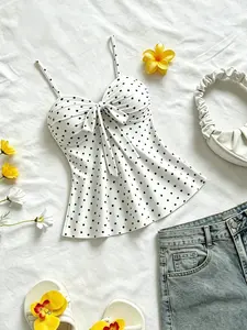 Sweet Summer Vacation Style Women's Polka Dot Thin Strap Lightweight Cool Tank Top, Chest Tie Butterfly Knot, Cute Fitted Design