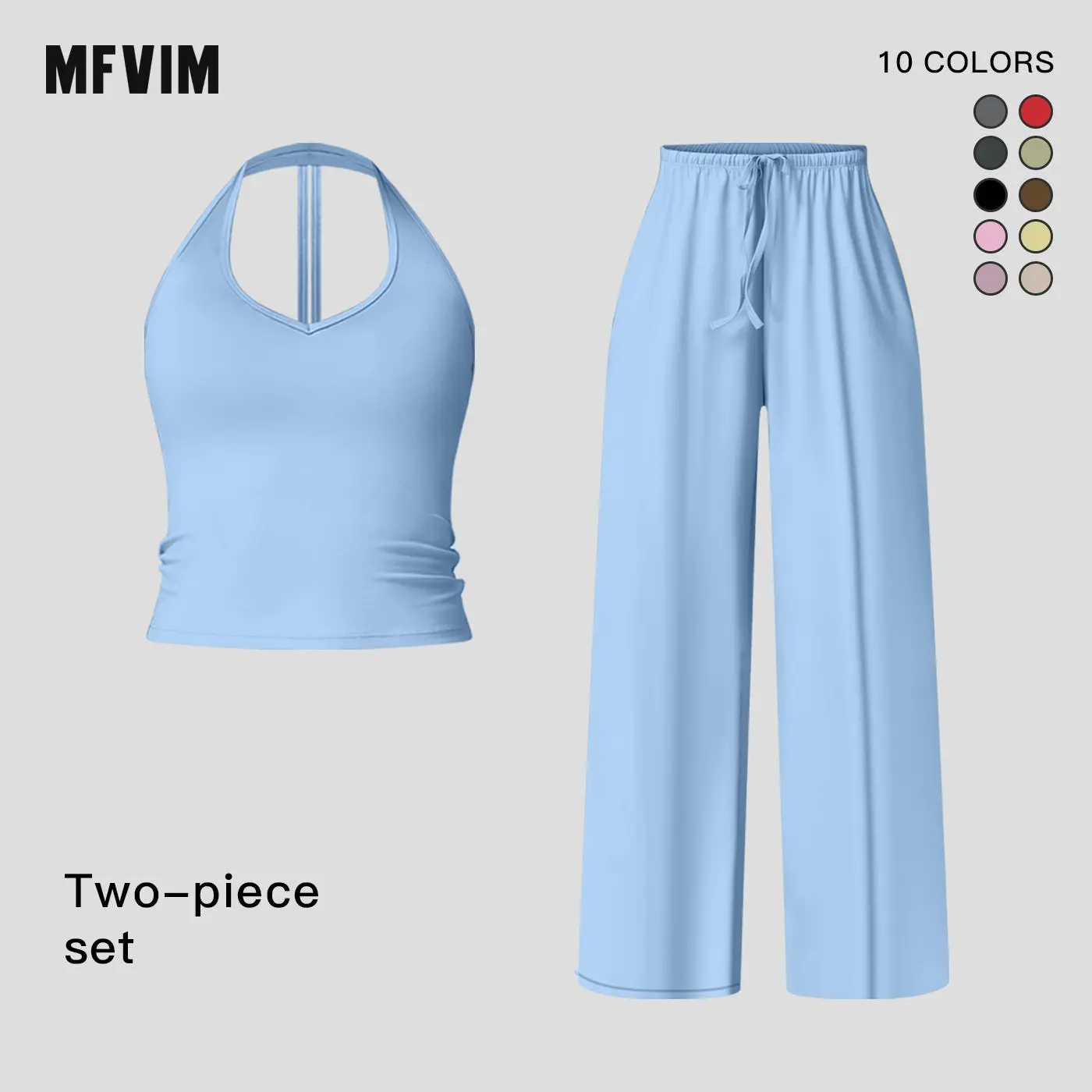 Workout Sets for Women, Casual 2 Piece Matching Set with Solid Halter Neck Top and Wide Leg Pants, Nylon Elastane Sweat Suit, Workout Sets Women,back to school,back to school haul,sohochic