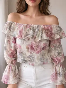 Designer Made Floral off Shoulders Women Elegant Top Organza