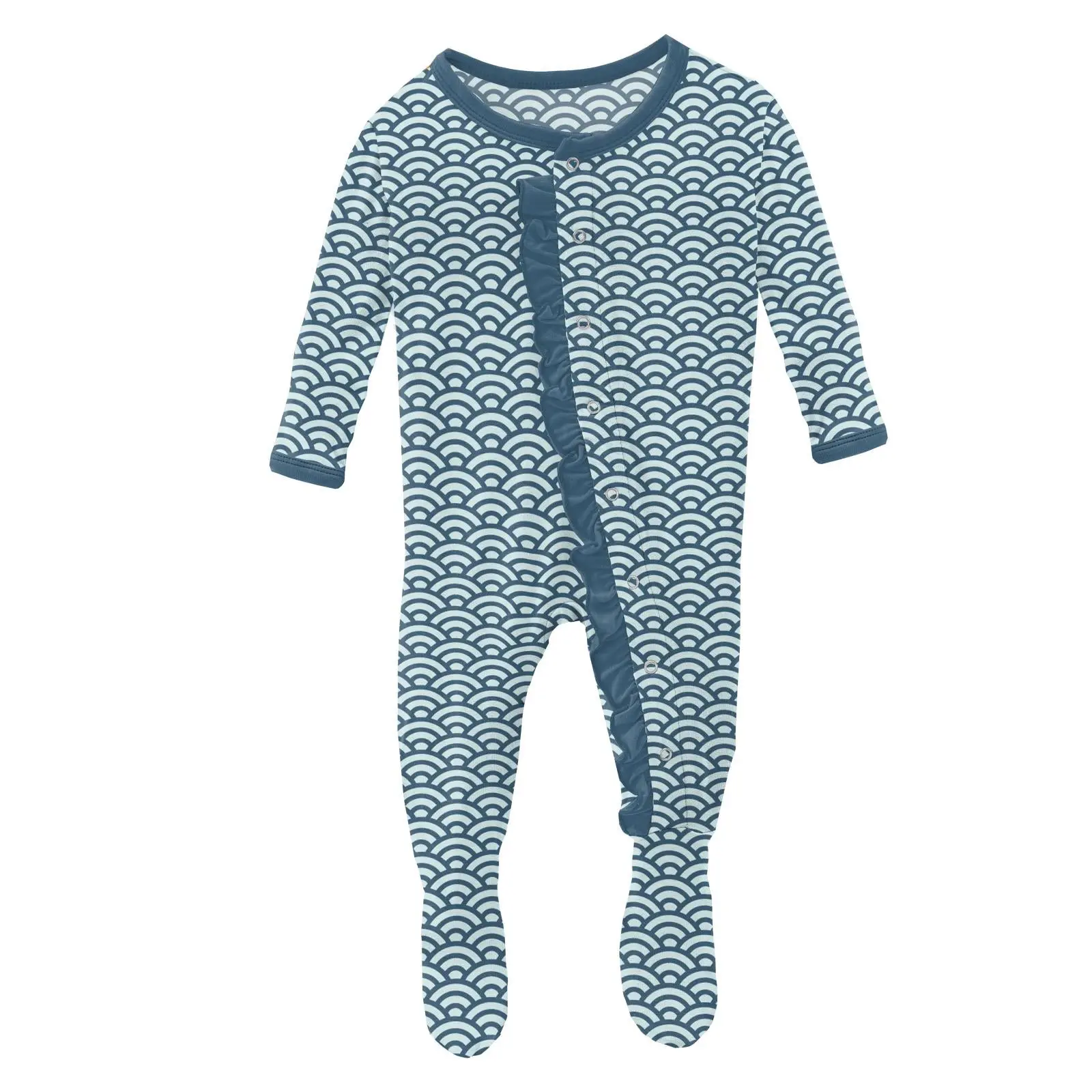 Print Layette Ruffle Footie with Snaps in Fresh Air Waves
