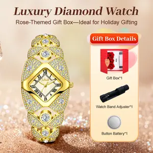 Luxury Gold Diamond-Encrusted Women's Watch, Square Dial with Roman Numerals, Bracelet-Style Design, Elegant Analog Quartz Timepiece for Party & Gifting