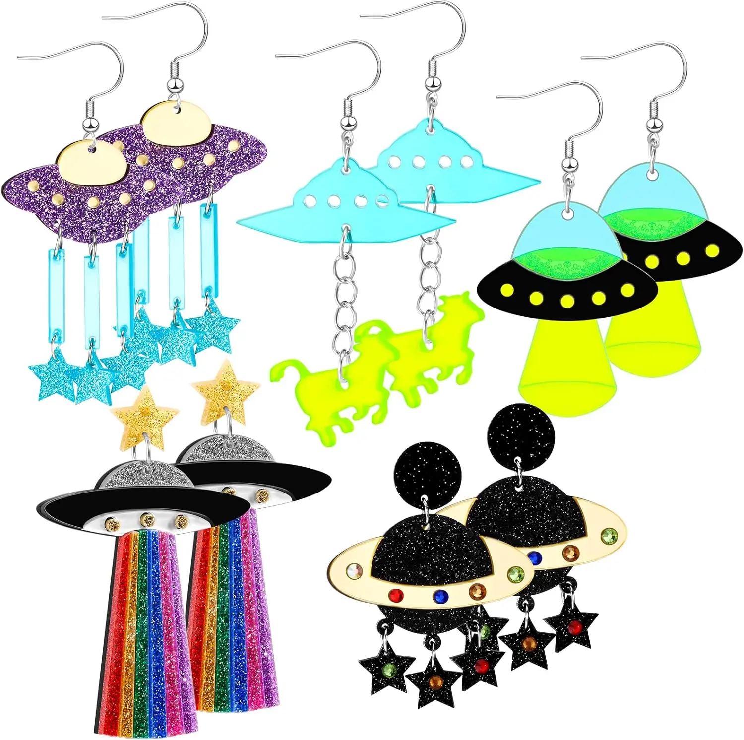 5 Pairs UFO Aliens Space Alien Acrylic Planet Earrings for Women Funky Weird Novelty Crazy Cute Fun Earrings Dangle for Halloween Jewelry