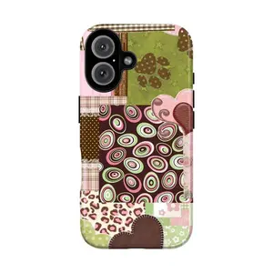 Retro Patchwork Heart Phone Case, Brown Green Pink Y2K Aesthetic Cover, Vintage Kawaii Protective Case For IPhone 17 Air 16 Plus 15 Proamx Pro Max 14 13 12 11 &  Galaxy S25 S24 S23 Ultra Fe Dual Layer Protection Impact Resistant Phone Cover, Accessories,