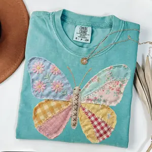 Comfort Colors Faux Patchwork Butterfly Shirt, Spring Butterfly Shirts, Shirts for Women, Floral Spring Patchwork, Gifts for Her -  AL