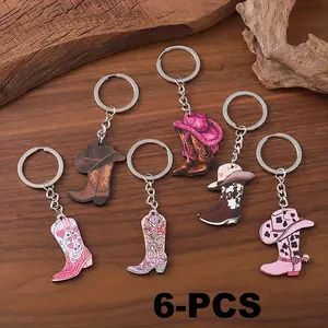 6Pcs Mixed Vintage Keychain Set, Western Cowboys Ethnic Cowboy Hat Boots Hanging Decorations Keychain Wooden Chic Boots Pendant Keychain Set