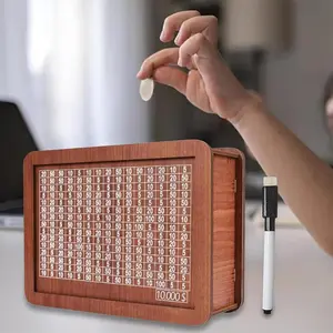 $10000 Savings Challenge Box Large Wooden Money Saving Box with Counter and Dry Erase Pen, Kakeibo Cash Vault Piggy Bank for Adults Kids, Reusable Wooden Cash Coin Bank for Saving Money Goals, Brown