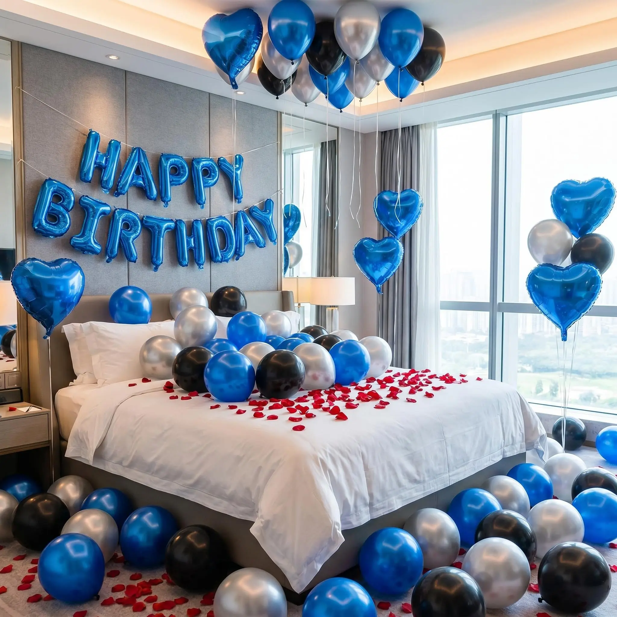 93pcs Blue Birthday Party Decoration Set, Includes 16" Happy Birthday Banner + 6pcs 18" Foil Heart Balloons.Boys and girls decorated their birthdays with romantic surprises.