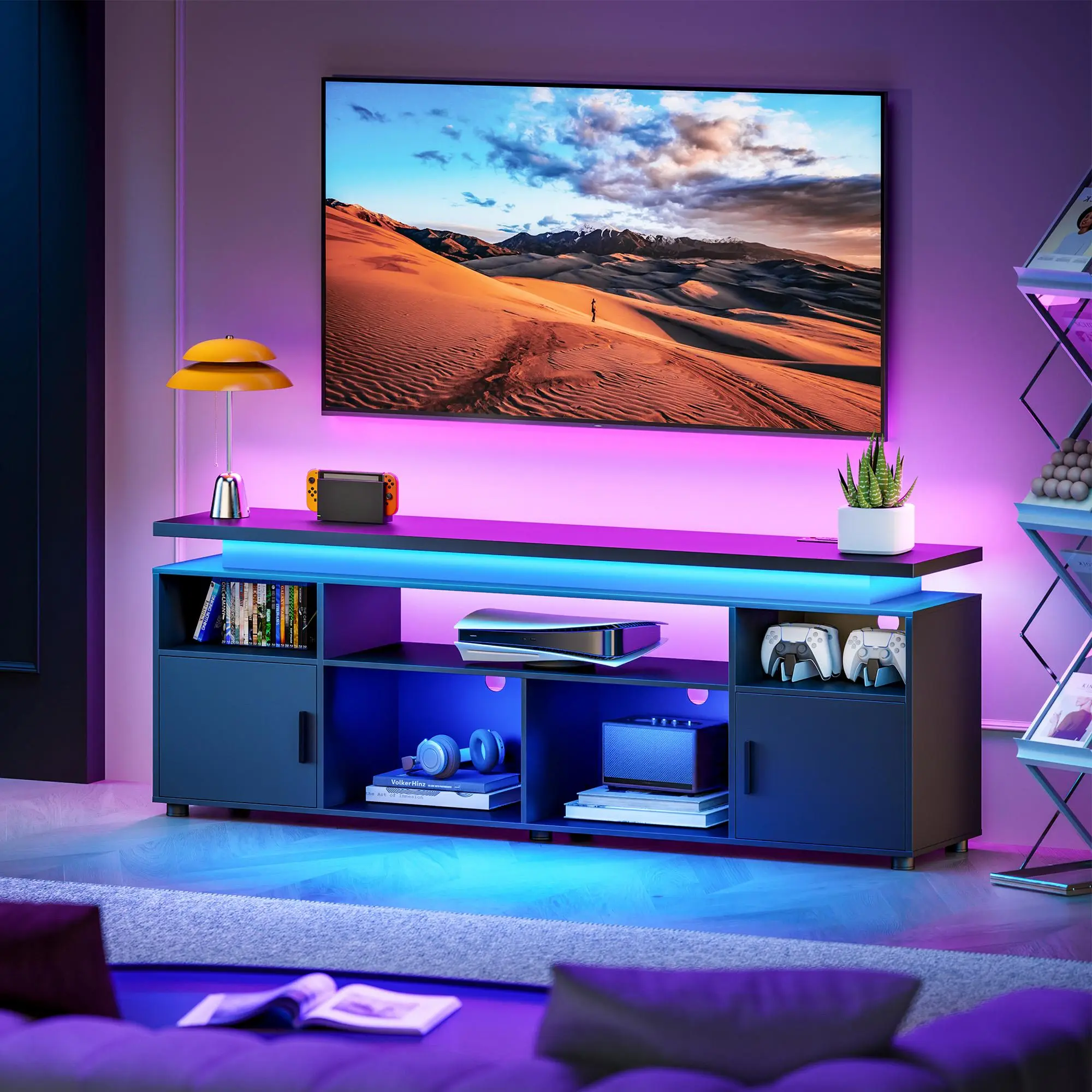 SUNCOZE TV Stand, Entertainment Center with LED Lights and Cabinet for 70/75/80 Inch TV, Modern TV Console Gaming Media Television Stands with Power Outlets for PS5 in Living Room and Bedroom