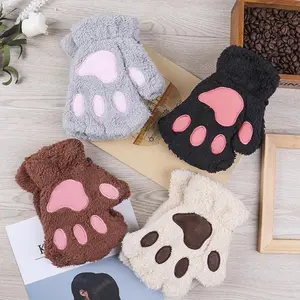 Cartoon Winter Gloves Women's Bear Plush Cat Paw Claw Gloves Cute Short Fingerless Fluffy Bear Claw Mittens For Girls Gift Party