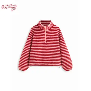 Women's Spring Autumn Fleece Sweatshirt Long Sleeve Half Zip High Neck Striped Pullover