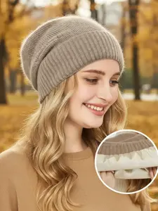 New Wool Blend Satin Lined Knit Beanie Hat, Lightweight Unisex Soft Loose Fit Warmth Retention Cap for Fall & Winter, Casual Style