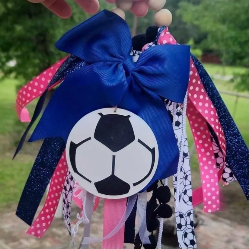 Bad Moms Boutique Soccer Themed Rubber Beach Bag Tassel - Navy Blue & Pink Ribbon with Soccer Ball Design for Any Bag Style