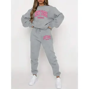 Women's Letter Printed Fleece Sweatshirt And Sweatpants Set