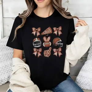 Coquette Football T-Shirt Brown Bows Game Day Graphic Tee Easter Bunny Cheer Mom Outfit Neutral Aesthetic Sorority Tailgate Top