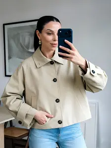 Female Trench Jacket Outerwears Demi-Season Women's Cropped Casual Windbreaker Jacket Coats Spring Button Up Outerwear Long Sleeve Tops Streetwear Outdoor New In Jackets Womenswear, Lightweight Outerwear
