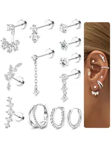 Sophisticated 12 Pcs Shiny Silvery Helix Piercing Series for Women Men Sturdy Stainless Steel Copper Flat Back Piercing Earrings Sleek Daily Earrings Multi-style Cartilage Tragus Kit Hoop Stud Designs for Full Coverage Conch Daith Piercing Decoration