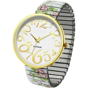 Women's 41mm Floral  Stretch Band Watch White & Black Expansion Bracelet, Bold Multicolor Dial, Easy-Wear Large  Watch