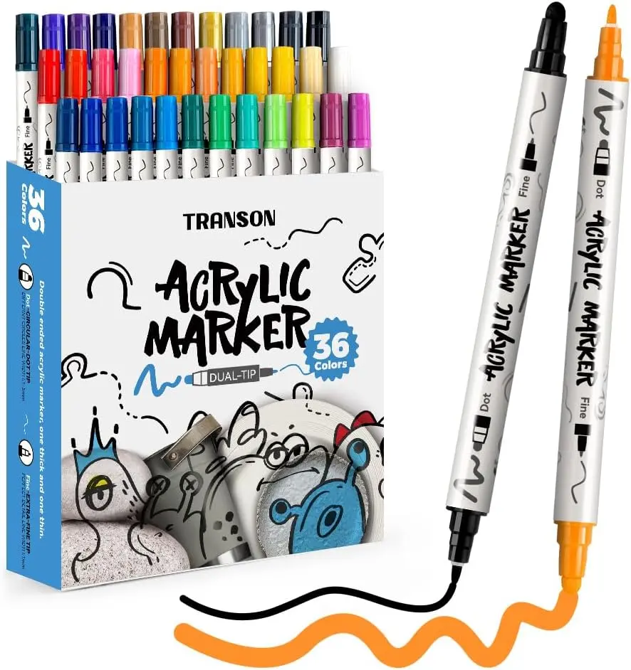 TRANSON Dual-Tip Acrylic Painting Pens, Water-Based Acrylic for Clean Color Multi-Surface Painting Tool, Artist Supplies for Crafting Fun & Creative Vibes on Canvas, Rock