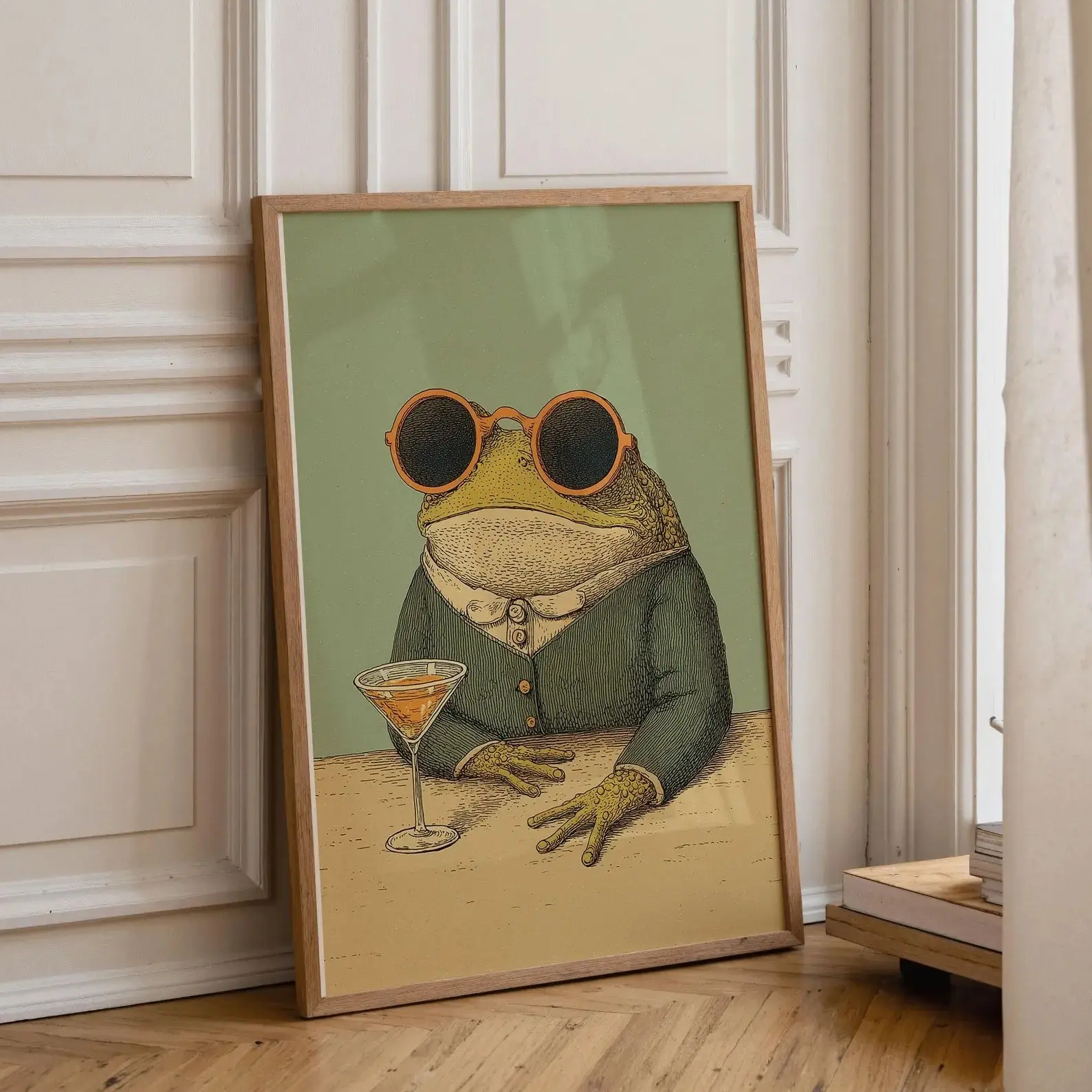 Vintage Frog Cocktail Poster, Hand Drawn Artwork, Unique Artistic Animal Pattern, Restaurant Kitchen Bar Wall Art, Canvas Print Core, Vintage Prints, Home Decor, Room Wall Decor, Decoration, China Harvested, Wooden Wall Art